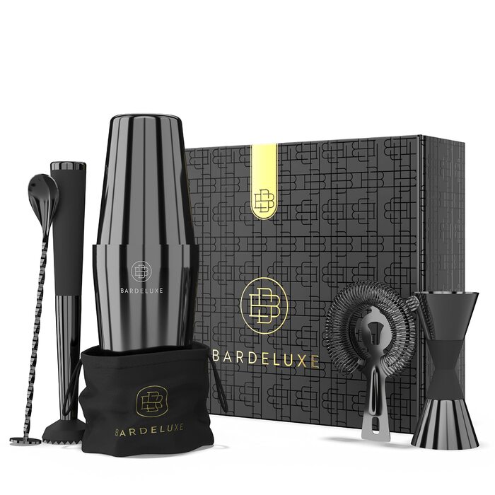 Набір бармена Boston Shaker Set BarDeluxe® 5 предметів: шейкер, аксесуари, рецепти, подарунковий набір (750 мл, нержавіюча сталь)