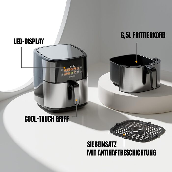 Аерофритюрниця HEINRICHS XXL 9L 10-в-1 з LED-дисплеєм та сенсорним керуванням, потужність 1800W, чаша для посудомийки