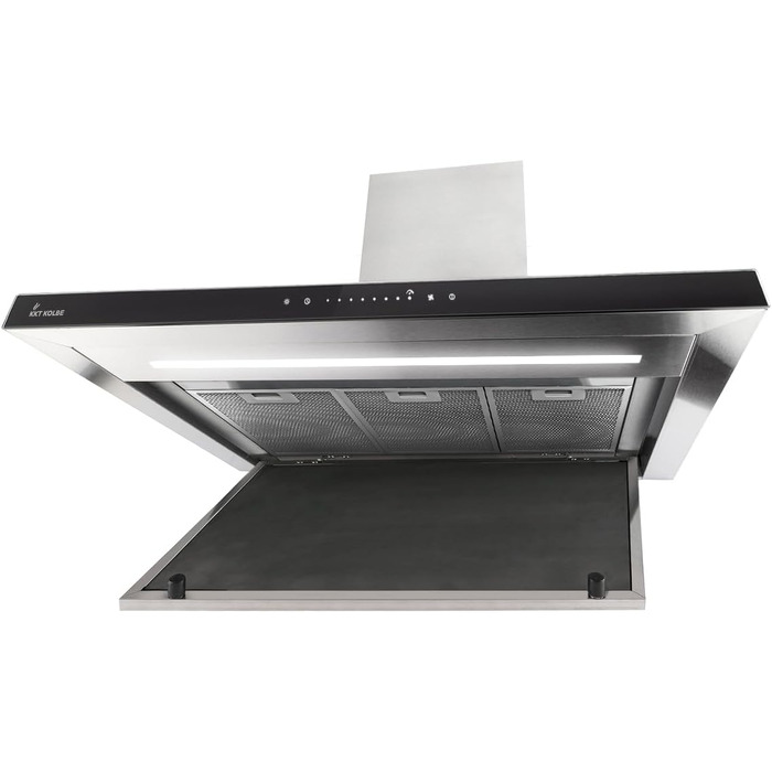 Витяжка для кухні KKT KOLBE FLAT6006ED (90 см), настінна, нержавіюча сталь та чорне скло, з WLAN, сенсорним керуванням та режимами відведення/рециркуляції
