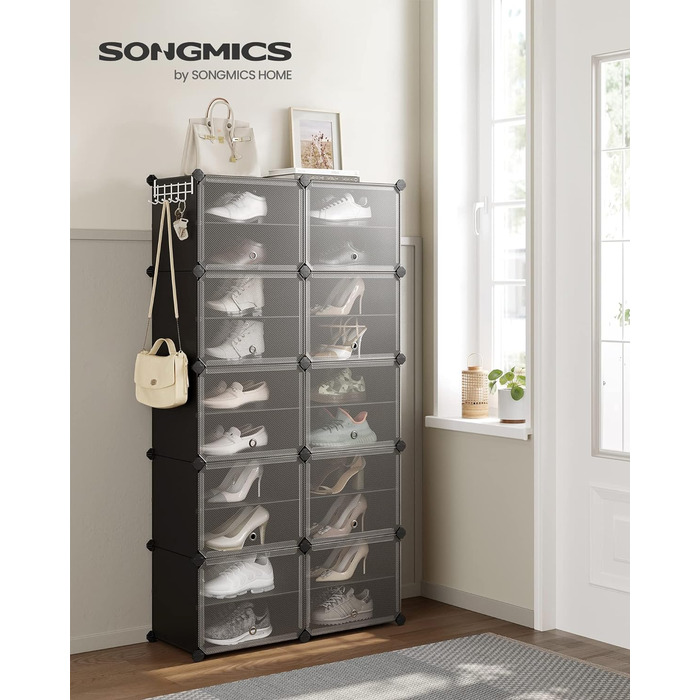 SONGMICS взуттєва полиця з 10 відділеннями, шафа для взуття з дверцятами, сталевий каркас, пластик, для передпокою та спальні, чорна, 83×156 см