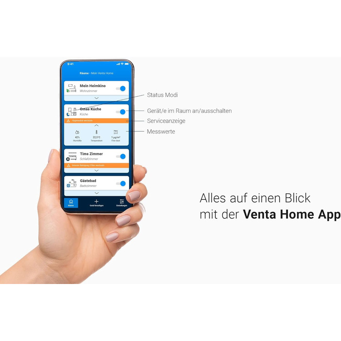 Зволожувач повітря Venta AH535, ультратихий 24 дБ, енергоефективний 3 Вт, холодне випаровування без фільтра, бак 7 л, для приміщень до 45 м², керування через додаток, ароматизація, чорний