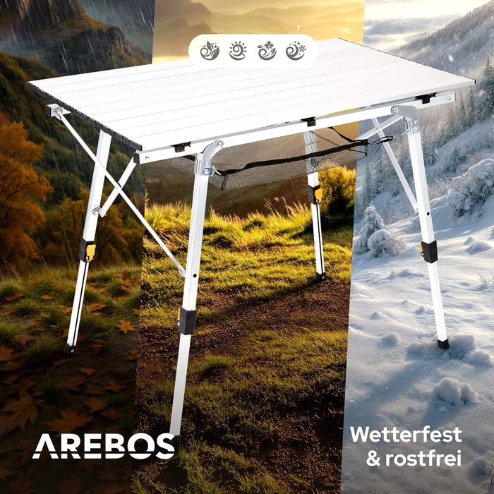 Складаний кемпінговий стіл Arebos 120 x 70 см, регульована висота 58-78 см, сріблястий — для пікніка, саду та гриля з сумкою для перенесення