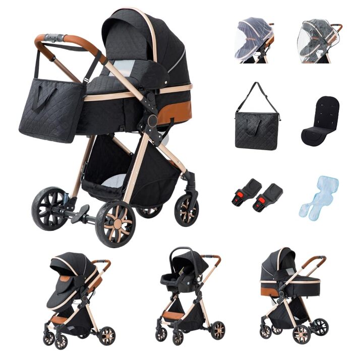 Дитяча коляска Glokid 3 в 1, комбінована модель з функцією подорожі, зручна сумка для переодягання, москітна сітка, дощовик, теплий чохол, складна конструкція, положення для сну, висока посадка (LV9 Чорний)