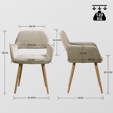 Крісла для їдальні та кухні Cosy 2 шт. з м'яким сидінням, металевим каркасом, бежевого кольору, 56x56x78 см