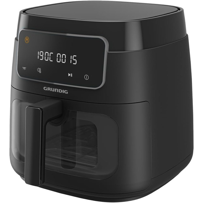 Аерофритюрниця Grundig FRY 7320, 7.6 л, 1750 Вт, сенсорне управління, антипригарне покриття, велике оглядове вікно, налаштування температури та часу, чорна, кошик для посудомийної машини