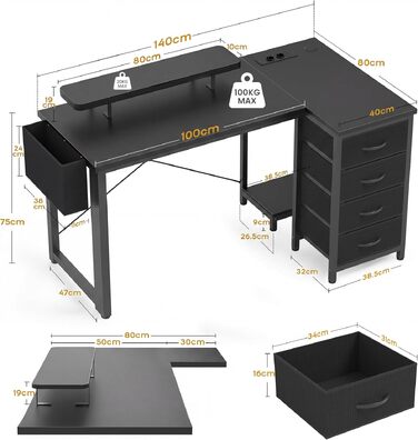 Кутовий письмовий стіл Claiks з 4 тканинними висувними ящиками, 140x80 см, з USB-зарядом та розеткою, чорний