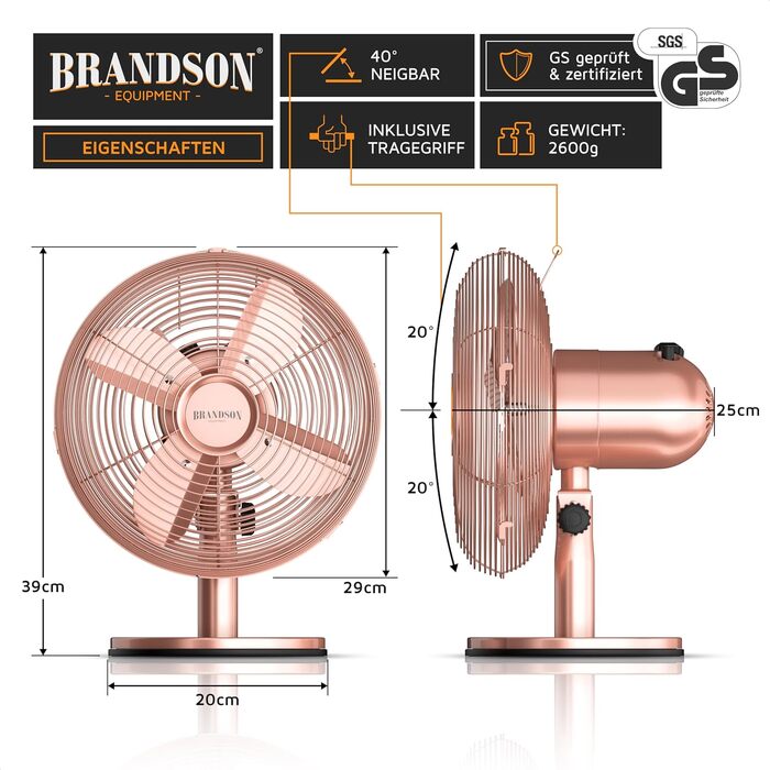 Вентилятор настільний Brandson мідний, 3 швидкості, з осциляцією 80° та нахилом 40°, металевий корпус (Рожеве золото)