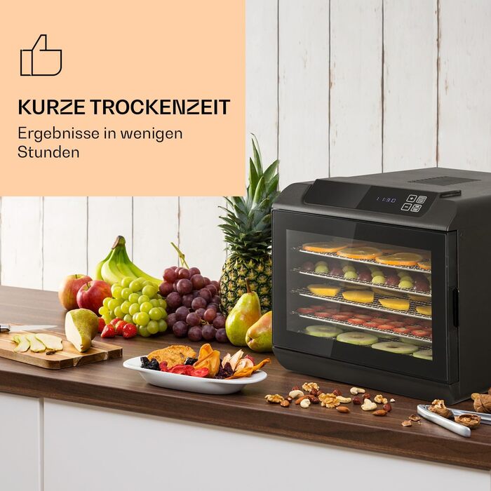 Сушарка для їжі Klarstein Arizona Jerky: для фруктів, м'яса, овочів. 500W, 35-70°C, 6 піддонів, сенсорний дисплей, чорний