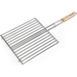 Складана решітка для гриля barbecook з хромованої нержавіючої сталі з ергономічною ручкою з екологічного дерева, для двостороннього грилювання м'яса, риби та овочів, 72x34 см
