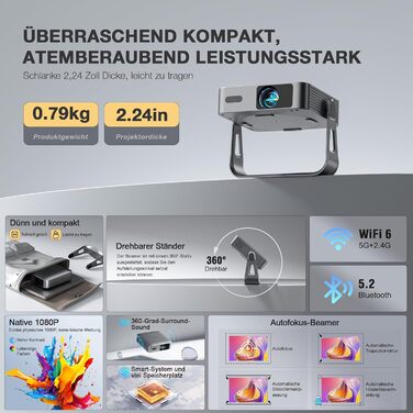 Розумний міні-проектор VOPLLS 4K з автофокусом та корекцією трапецієподібних викривлень, 700 ANSI люмен, 1080P Full HD, WiFi 6, Bluetooth, портативний домашній кінотеатр для смартфонів (Сріблястий)