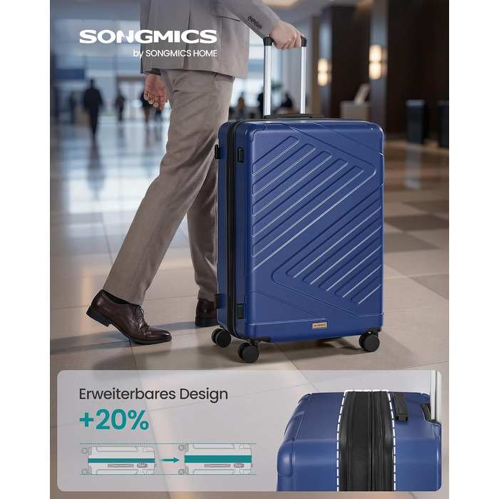 Валіза для подорожей SONGMICS XL 65 см, розширена, жорсткий корпус ABS, TSA-замок, 4 подвійних колеса, Hafenblau (RP002C101)