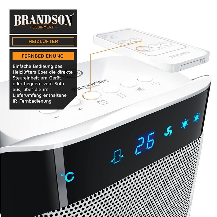 Обігрівач Brandson з пультом керування: керамічний, для ванної кімнати, енергозберігаючий, тихий, з осциляцією, 2 режими, таймер, сертифікат GS