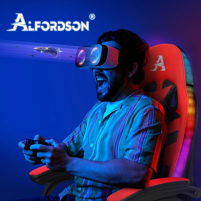Ігрове крісло ALFORDSON з масажем, 8-точкове, RGB LED, 12 кольорів, ергономічне, з підставкою для ніг, підголівником і поперековою подушкою, для дітей і дорослих, червоне, PU-шкіра