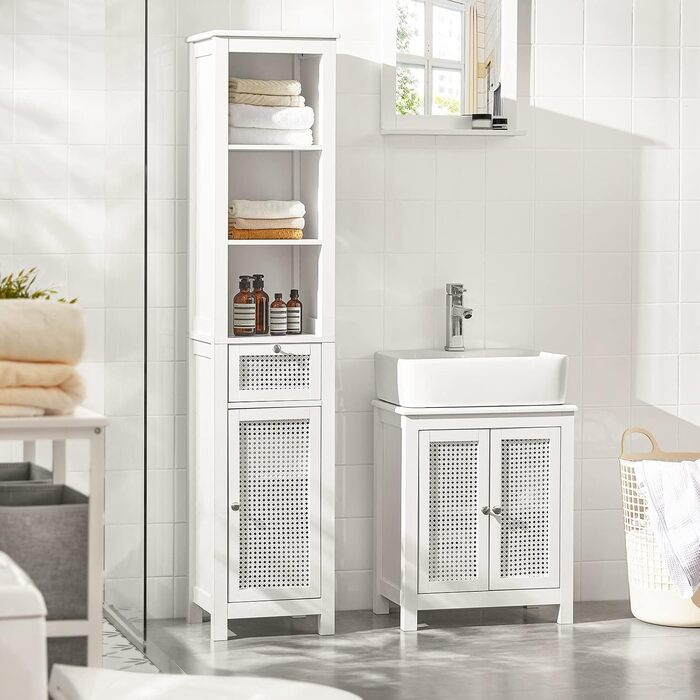SoBuy BZR36-W Високий шафа для ванної з ґратчастим фасадом, білий, з 3 відкритими полицями, 1 шухлядою та 1 дверцятами, 35x161x32 см