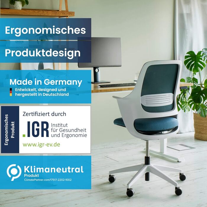 Ергономічне крісло Ergotopia WellBack, Made in Germany, з підтримкою попереку та синхромеханікою для офісу та дому. Рама: білий, оббивка: сірий (Рама: білий - оббивка: блакитний)