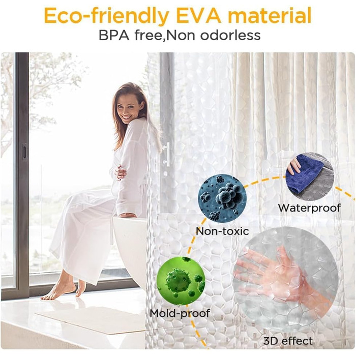 Душова завіса AiQInu 200x200 см, прозора 3D EVA, антигрибкова, водонепроникна, екологічна, з обтяжувачем, 13 гачків, для ванної кімнати