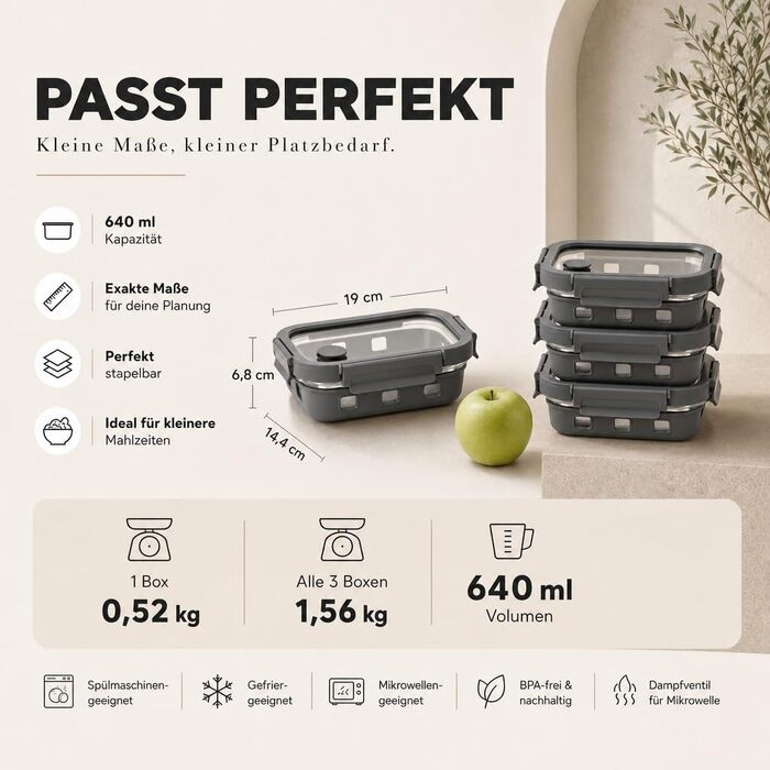 Набір контейнерів для їжі Meal Prep Tabarca (3 шт), 640-1520 мл, зі скляною кришкою, герметичні