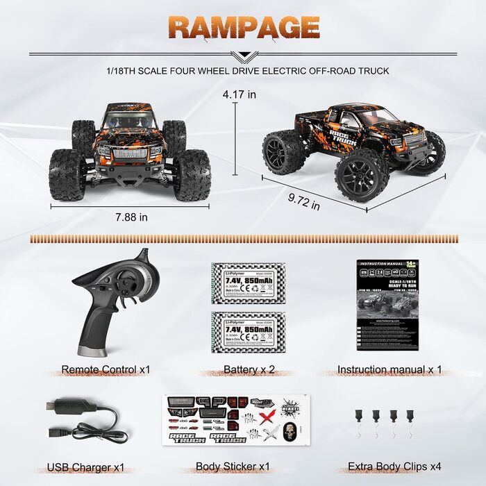 Радіокерований позашляховик Haiboxing 1/18 4WD 36 км/год, монстр-трак, водонепроникний, для дітей та дорослих