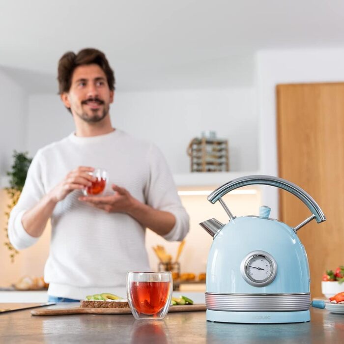Електрочайник Cecotec ThermoSense 420, 1,8 л, 2200 Вт, з температурним індикатором, нержавіюча сталь, 360° база, вінтажний стиль, блакитний
