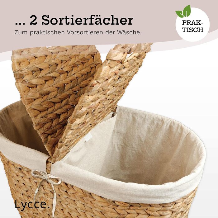 Кошик для білизни Lycce з водяної гіацинти, 46 л, 2-секційний, овальний, з кришкою та металевим каркасом, для ванної та спальні