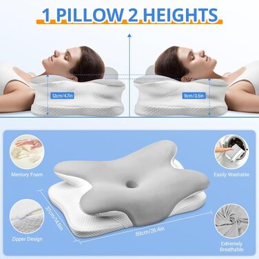 Подушка для шиї Ehomfory з Memory Foam, ергономічна для сну на боці, спині та животі, 67x37x9/12 см, срібляста