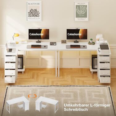 Кутовий письмовий стіл Coleshome L-подібний, 120x70 см, з 4 шухлядами, білий — обернений комп'ютерний стіл для офісу, кабінету та спальні