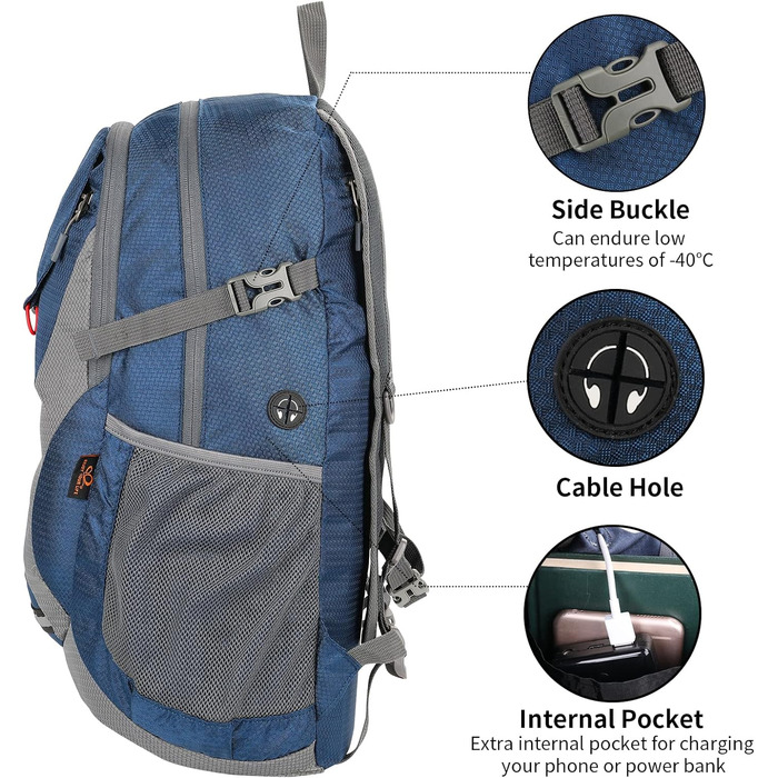Складаний рюкзак WATERFLY 30L для походів, водонепроникний, ультралегкий, з відділенням для вологих речей, для чоловіків і жінок, темно-синій, для туризму, подорожей та прогулянок