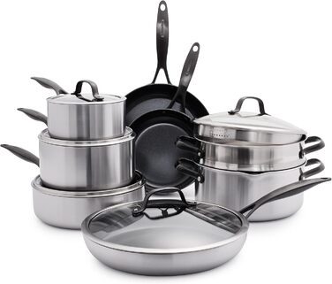 Набір сковорідок GreenPan Venice Pro Noir 26см та 30см, нержавіюча сталь, антипригарне покриття Ceramic, чорний матовий грифель, без PFAS, для індукційних плит, придатні для миття в посудомийній машині, термостійкі, сріблясті (13 предметів)