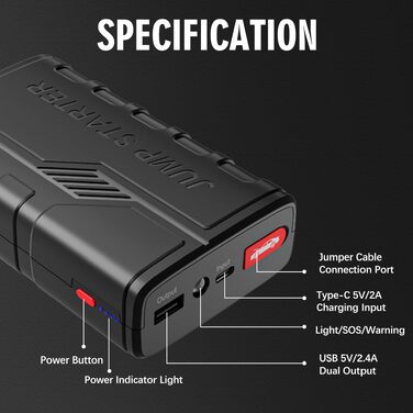 Бустер для автомобіля Starthilfe Powerbank 1500A 12V — Пусковий зарядний пристрій (джамп-стартер) для бензинових (до 7.0L) та дизельних (до 5.5L) двигунів, з LED-ліхтарем та USB-портом