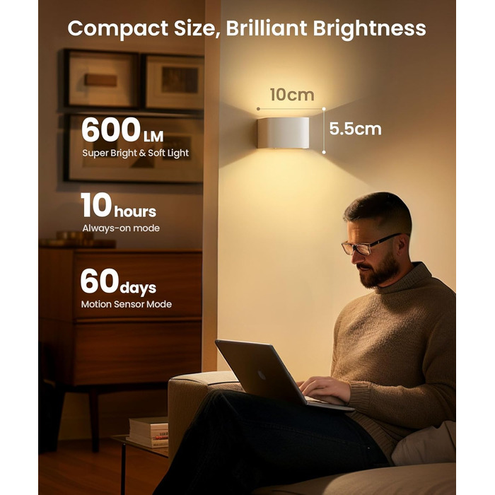 FULEN LED настінний світильник з акумулятором, датчиком руху, 3 кольори, 3 режими, бездротовий, з пультом, для спальні, вітальні, сходів, білий, 2 шт.