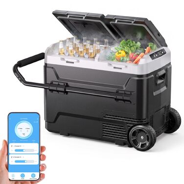 Автомобільний холодильник KROAK з Bluetooth, 50л: 2 зони охолодження (-20°C/+20°C), 12/24/230V, колеса, тихий (45дБ) для авто, кемпінгу, каравану