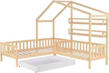 Дитяче ліжко-домік Merax з шухлядами та полицями, 90x200 см і 140x70 см, масив дерева, ігрове ліжко з парканчиком, подвійне ліжко для двох дітей, натуральне