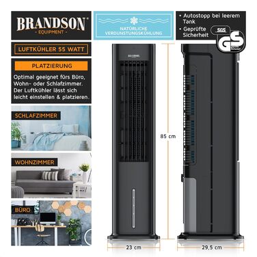 Вентилятор вежі з водяним охолодженням Brandson 4-в-1: випаровувальний охолоджувач, вентилятор, без вихлосної труби, надзвичайно тихий, чорний матовий
