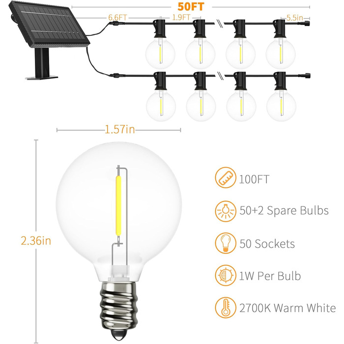 LED гірлянда вулична 15м, 16 ламп, IP65, теплий білий 2700K, для саду, тераси, весіль