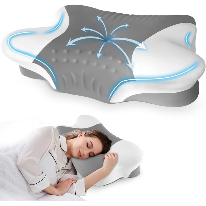 Ортопедична подушка для шиї з Memory Foam - ергономічна подушка для сну, що знімає біль у шиї, регульована для тих, хто спить на боці, з дихаючим чохлом для комфортного сну (Сіро-білий, 60 x 35 см)