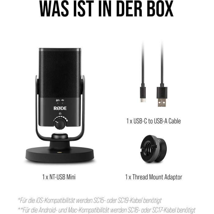 RØDE NT-USB Mini конденсаторний USB-мікрофон студійної якості з кабелем SC17 USB-C (1,5 м) — для подкастингу, стрімінгу, ігор, вокалу та інструментів, сумісний з Android і Mac