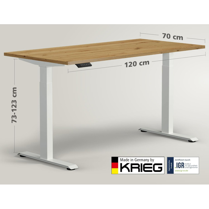 Електричний підйомний стіл KRIEG HighDesk Basic: регульований стіл для роботи сидячи та стоячи (120 x 70 см, Білий + Дуб)