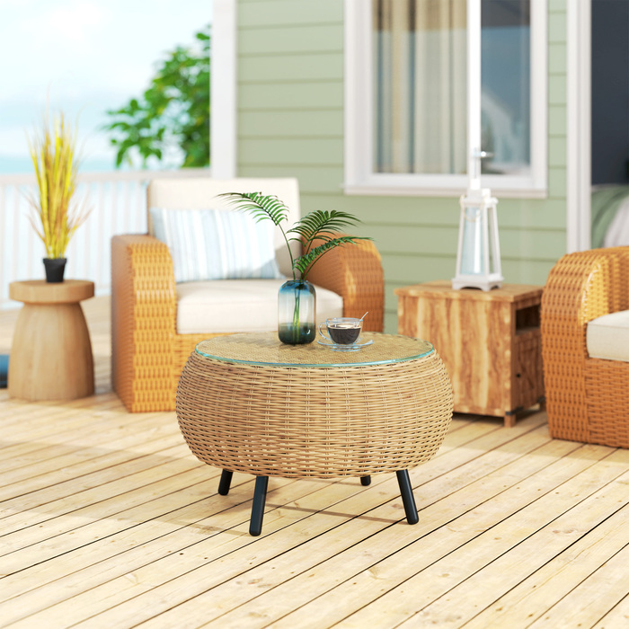Outsunny Poly Rattan Бічний столик Круглий журнальний столик Журнальний столик зі скляною стільницею Балконний стіл Садовий стіл Диванний стіл Чайний столик Ротанговий стіл для саду Патіо Балкон, Ø75 x 42 см Коричневий