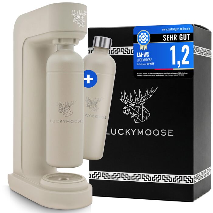 Сифон для газування води Luckymoose Infinity з 2 пляшками з нержавіючої сталі по 1,25л, сумісний з синіми циліндрами CO2 60л (Колір: Пісочний)