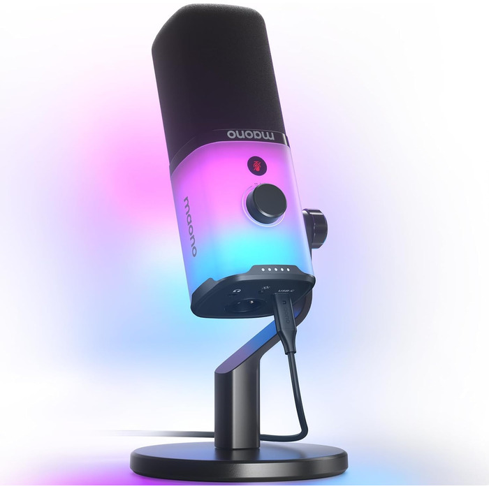 MAONO XLR/USB ігровий динамічний мікрофон з RGB підсвіткою, шумозаглушенням, кнопкою вимкнення звуку та регулятором гучності для подкастів і стрімінгу, з настільною підставкою PD100X