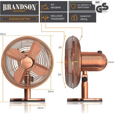 Вентилятор настільний Brandson мідний, 3 швидкості, з осциляцією 80° та нахилом 40°, металевий корпус