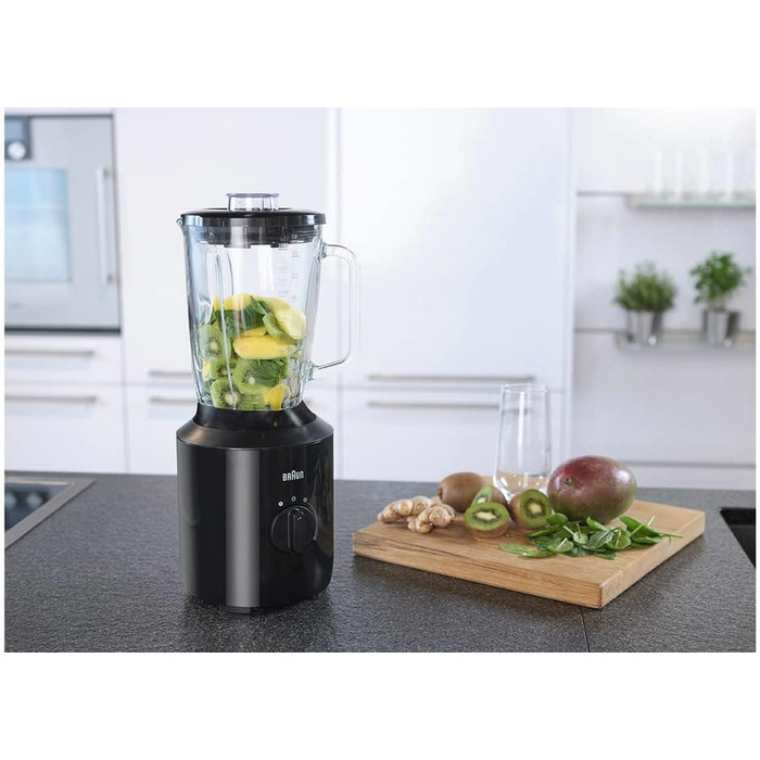 Блендер Braun PowerBlend 3 JB 3150 BK, 1,5 л, скляна чаша, 800 Вт, чорний, кухонний помічник для подрібнення, пюрування та змішування