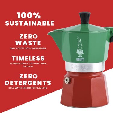 Кавоварка Bialetti Moka Express Italia, 3 чашки, алюмінієва, червоно-зелено-срібляста, класична еспресо-турка для плити