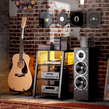 Polycote HiFi тумба з полицями на колесах, регульовані полиці, стійка для програвача з розетками та LED підсвіткою, коричнево-чорна, 60x55x90 см