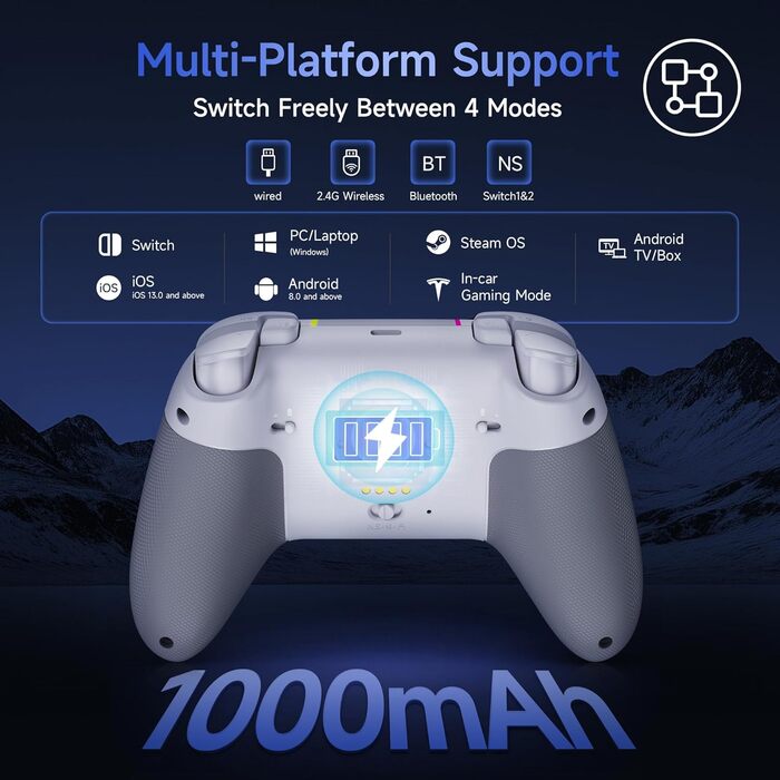 Бездротовий ігровий контролер EasySMX X05PRO для PC, Switch, Android, iOS — Hall Joysticks, тихі кнопки, програмовані клавіші, 1000mAh, Білий