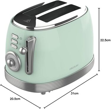 Тостер Cecotec Toast&Taste 800 Vintage Green, 850 Вт, 2 відділення, зелений, нержавіюча сталь, ретро-дизайн