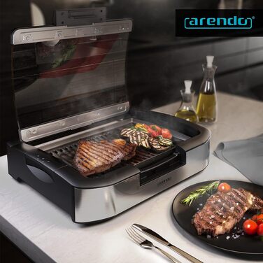 Електричний стільничний гриль Arendo Gourmet з кришкою зі скла, нержавіюча сталь, 1800 Вт, антипригарне покриття, 5 рівнів регулювання температури, для дому та саду