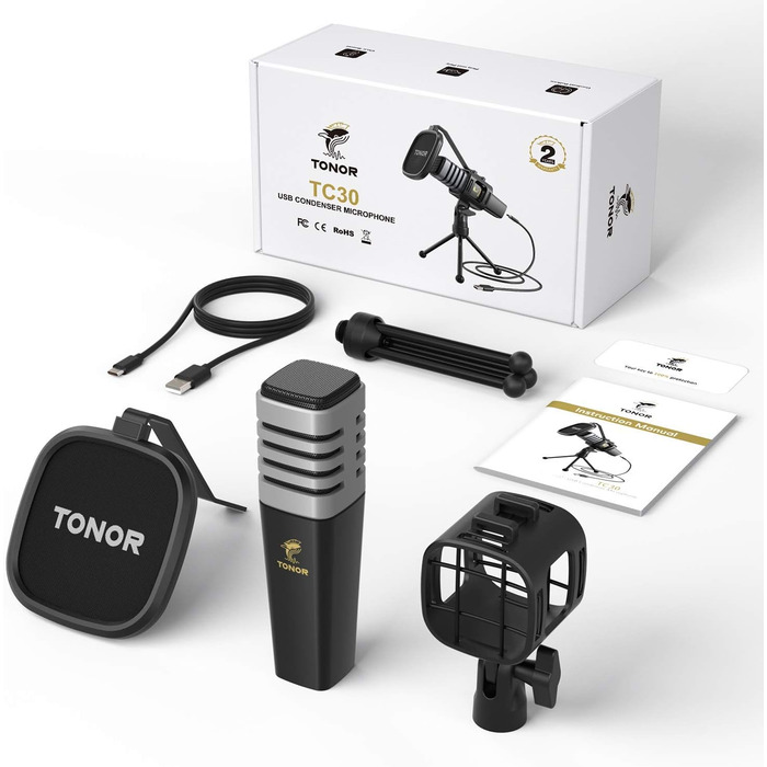 USB конденсаторний мікрофон TONOR TC30 з підставкою, поп-фільтром та павуком, кардіоїдна діаграма, для стрімінгу, подкастів, озвучування, сумісний з ПК, ноутбуком