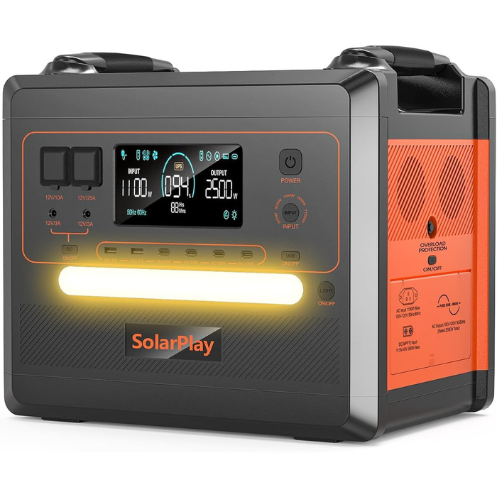 Портативна зарядна станція SolarPlay Q2402M 2304Вт·год LiFePO4, генератор на сонячній енергії 2500Вт (пік 5000Вт), 2 AC-виходи по 2500Вт для кемпінгу, автодому та резервного живлення