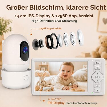Відеоняня HelloBaby з WiFi та камерою: монітор з нічним баченням, датчиком руху, двостороннім аудіо та керуванням через додаток (5.5 дюймів, білий)